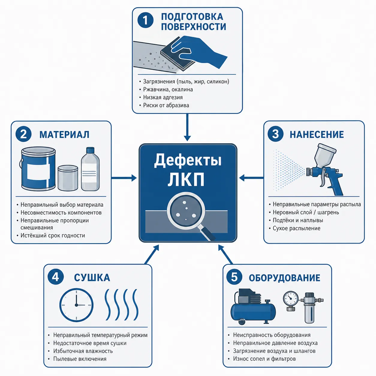 Пять групп причин дефектов лакокрасочного покрытия Схема пяти групп причин дефектов ЛКП: подготовка, материал, нанесение, сушка, оборудование