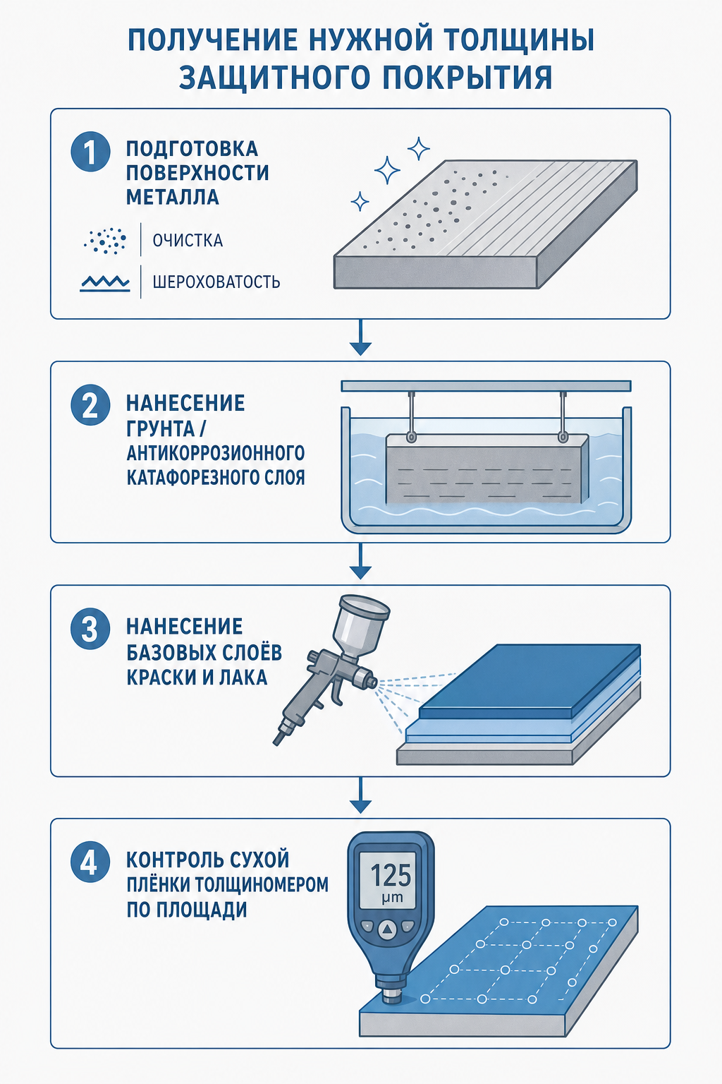 Этапы получения нужной толщины защитного покрытия: подготовка поверхности, грунт, базовый слой, контроль сухой плёнки