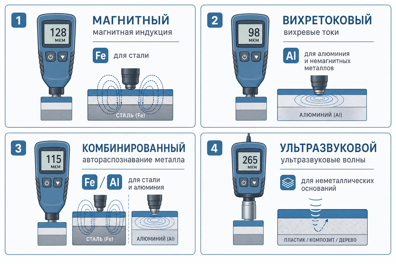 Сравнение типов толщиномеров: магнитный, вихретоковый, комбинированный и ультразвуковой