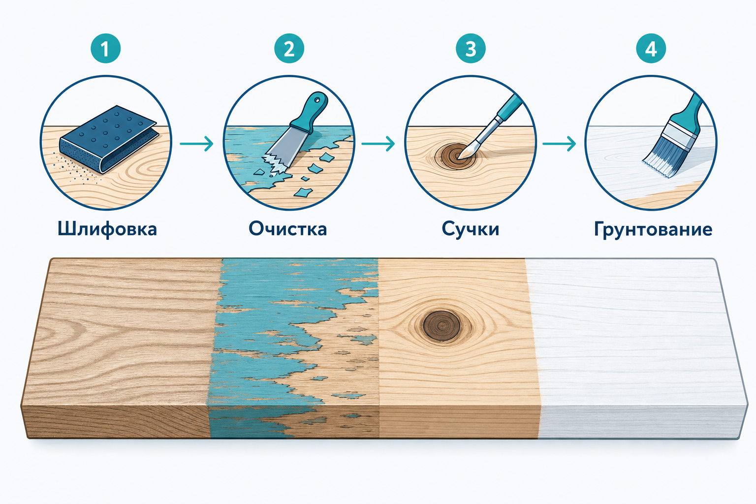 Этапы подготовки деревянной поверхности к покраске: шлифовка, очистка, обработка сучков и грунтование